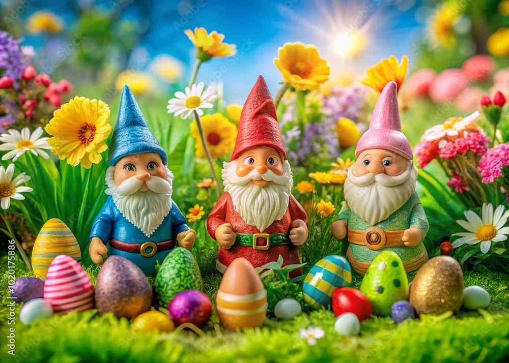 Fototapeta premium Whimsical Easter Gnomes Decorate a Colorful Spring Background with Flowers and Eggs for Celebrations