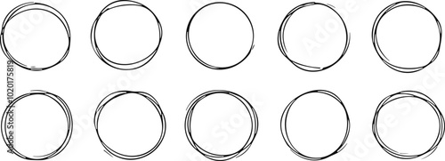 Hand drawn circles line sketch set. Vector circular scribble doodle round circles for message note mark design element. Pencil or pen graffiti bubble or ball draft illustration