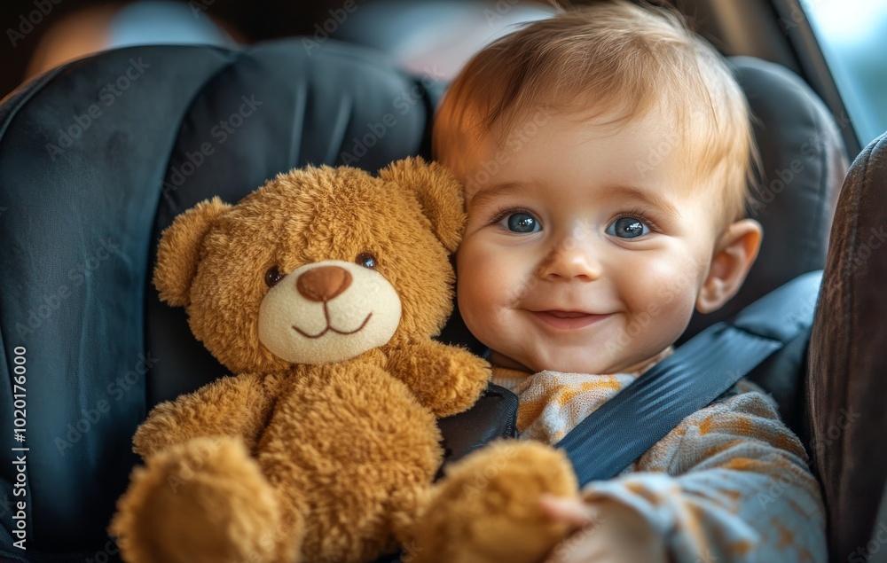 Happy baby sitting in a car seat with a stuffed animal Teddy bear, soft toy smiling and looking at the camera. Happy baby sitting in a car seat with a stuffed animal Teddy bear, soft toy smiling and looking at the camera.