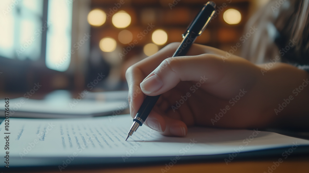 close up of student hand writing on paper with pen in an exam hall room. Student taking school exam close up of student hand writing on paper with pen in an exam hall room. Student taking school exam