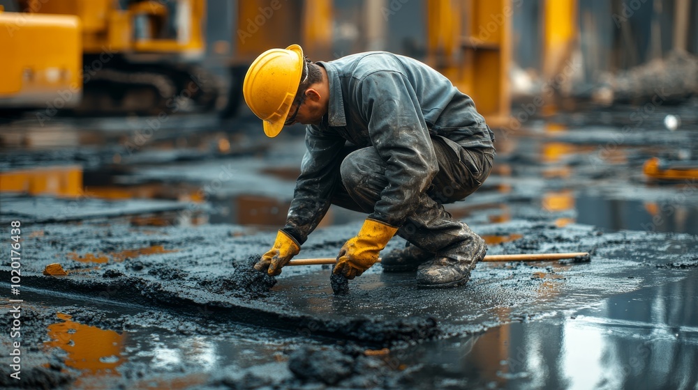 Construction Worker Applying Bitumen Mastic with Trowel on Flat Roof Surface in Industrial Setting Construction Worker Applying Bitumen Mastic with Trowel on Flat Roof Surface in Industrial Setting
