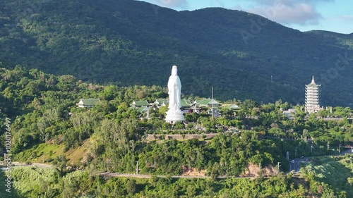 Aerial view of statue Lady Buddha, Ling Ung pagoda, Da Nang, Vietnam.