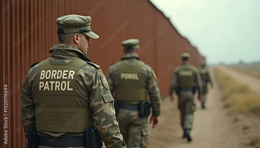 Border patrol officers in camouflage vests and hats walking along the US Mexico corrugated border wall Border patrol officers in camouflage vests and hats walking along the US Mexico corrugated border wall