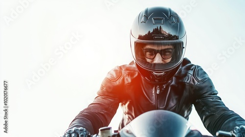 Rider with leather jacket and helmet riding a motorbike on white background looks cool with headlights, safe driving concept on the road