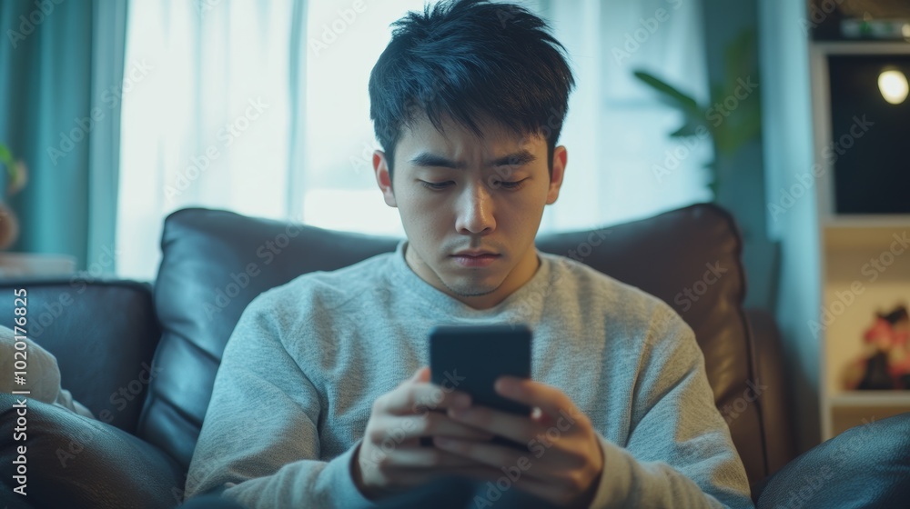 Fototapeta premium Young Asian Man Sitting on Sofa in Dimly Lit Room Looking at Smartphone with Serious Expression