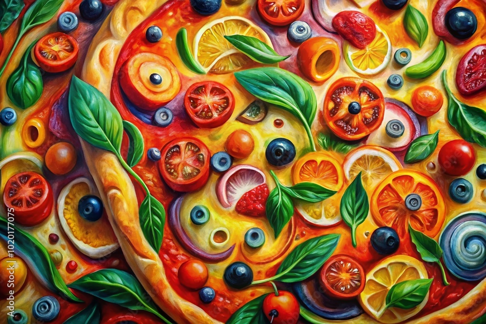 Fototapeta premium Whimsical Pizza Painting with Vibrant Colors and Abstract Shapes Perfect for Culinary Art Lovers