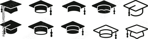 Graduation hat cap icons set. Academic cap. Graduation student black cap and diploma - stock vector. university or college black cap