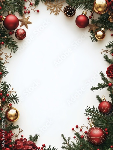 Christmas border composition with red and gold ornaments surrounding white background