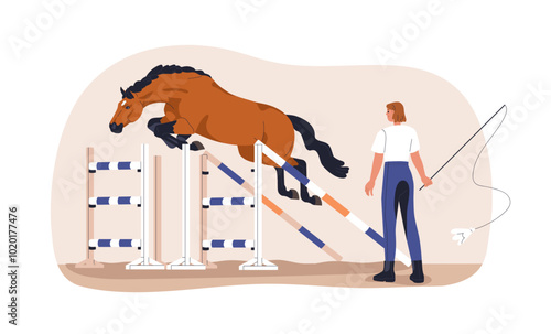 Horse jumping over hurdle. Professional handler training stallion. Showjumping with hurdle, barrier. Equine trick, agile leap over obstacle. Flat vector illustration isolated on white background