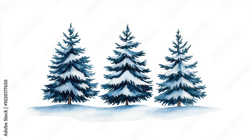Fototapeta premium Three snow-covered evergreen trees stand serene against a white background, capturing the essence of winter's beauty.