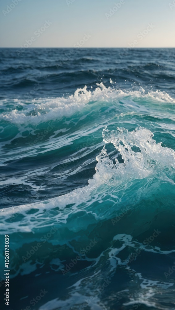 Fototapeta premium Close-up of ocean waves with blue-green water and frothy foam under sunlight