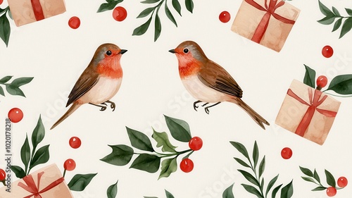 A whimsical pattern featuring two small birds amidst festive gifts and vibrant foliage. photo