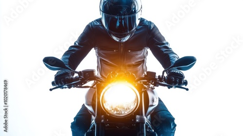 Rider with leather jacket and helmet riding a motorbike on white background looks cool with headlights, safe driving concept on the road