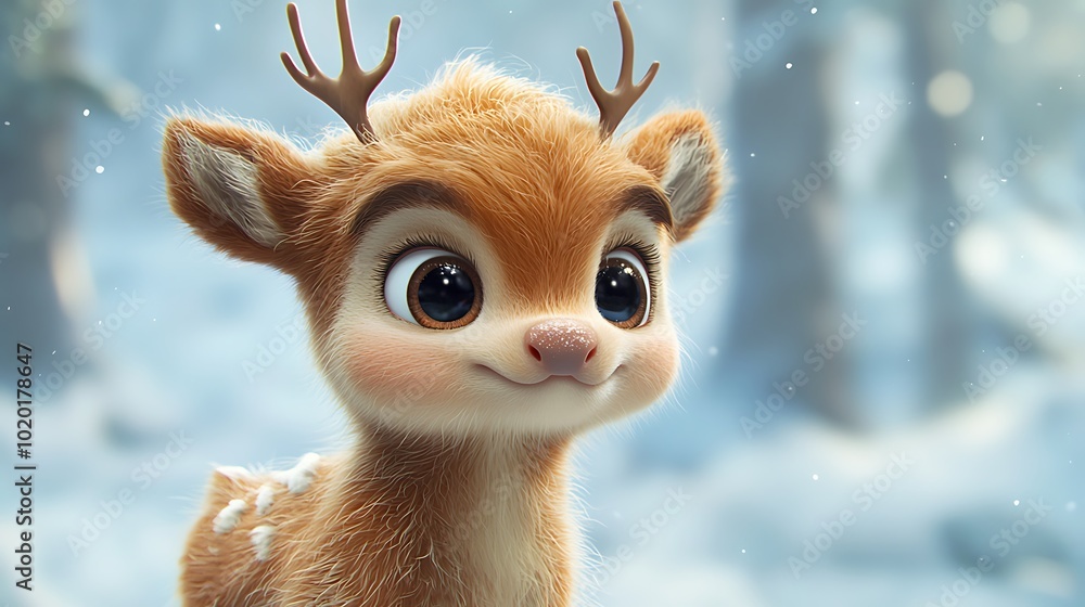 Cute Cartoon Baby Reindeer in Winter Wonderland Cute Cartoon Baby Reindeer in Winter Wonderland