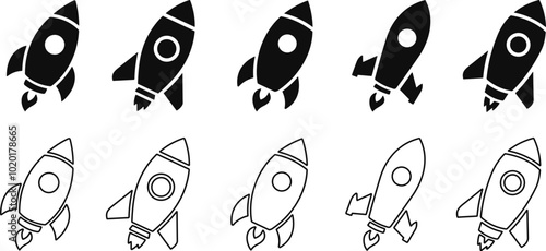 Spacecraft Rocket icons set. Space ship launch icon collection. Rocket ship launch concept. Space rocket launch with fire. Rocket simple icon flat and line style - stock vector.