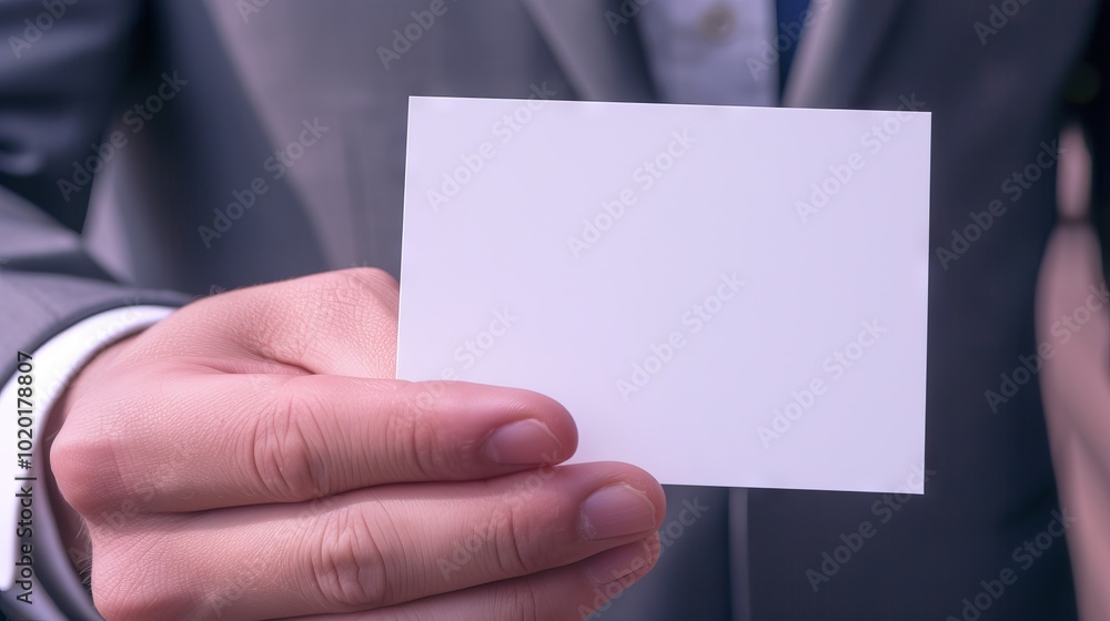 High-resolution close-up of a professional businessman’s hand presenting a blank white business card for networking and corporate meetings High-resolution close-up of a professional businessman’s hand presenting a blank white business card for networking and corporate meetings