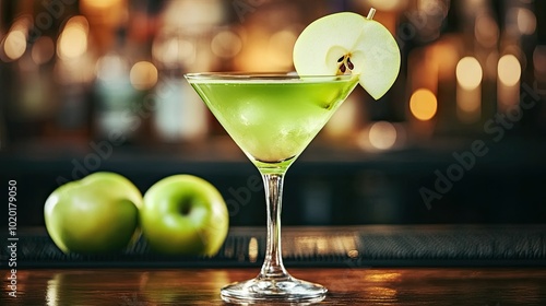 A green apple martini in a cocktail glass, garnished with a slice of fresh apple and served on the bar. photo