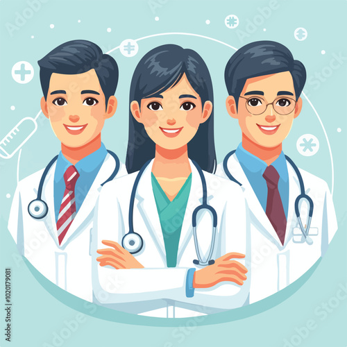 Set of smiling doctors, nurses and paramedics. Portraits of male and female medic workers in uniform with stethoscopes, masks and gloves. Flat cartoon vector illustration isolated on white background