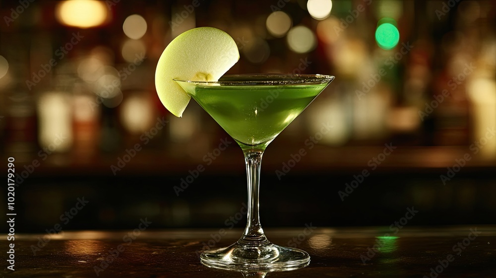 A green apple martini in a cocktail glass, garnished with a slice of fresh apple and served on the bar. A green apple martini in a cocktail glass, garnished with a slice of fresh apple and served on the bar.
