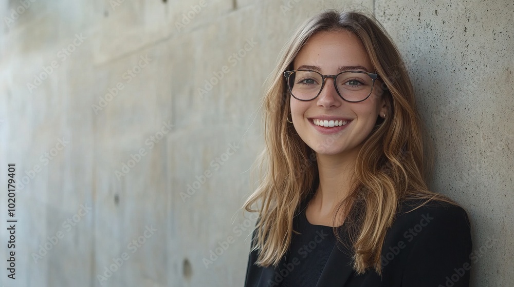 Smiling Woman with Glasses Leaning Against Wall Smiling Woman with Glasses Leaning Against Wall