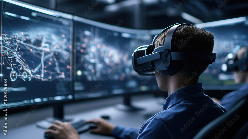Immersive virtual reality technology is being utilized for training, showcasing focused individual wearing VR headset in front of multiple screens displaying complex data visualizations Immersive virtual reality technology is being utilized for training, showcasing focused individual wearing VR headset in front of multiple screens displaying complex data visualizations