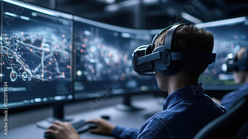 Immersive virtual reality technology is being utilized for training, showcasing focused individual wearing VR headset in front of multiple screens displaying complex data visualizations