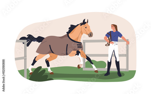 Horse training in paddock. Female trainer handling stallion. Equine exercise, education, treatment. Professional bereitor, woman trainer. Flat vector illustration isolated on white background