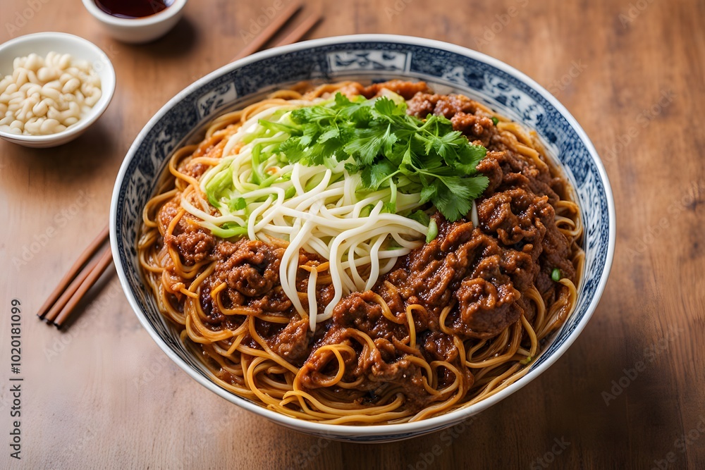A bowl of zhajiangmian with thick noodles covered in a savory pork and soybean paste sauce, Ai Generated A bowl of zhajiangmian with thick noodles covered in a savory pork and soybean paste sauce, Ai Generated