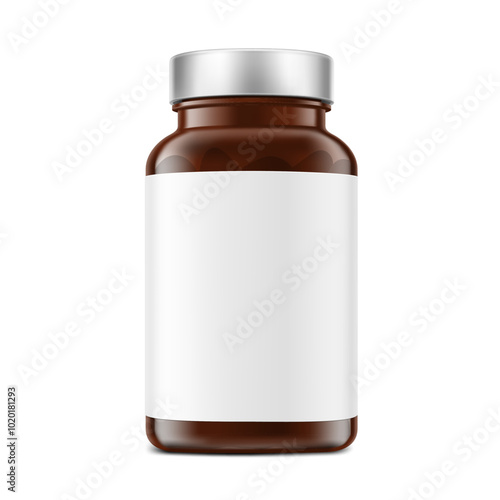 Brown pill bottle mockup with label for treats, vitamins, supplements isolated on white background. Vector illustration. ready for your design. EPS10.	