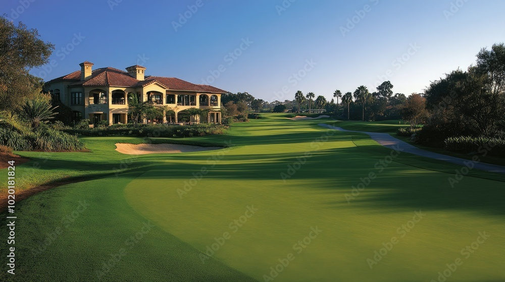 A lush green golf course stretching out before a distant clubhouse, under a warm, clear sky. A lush green golf course stretching out before a distant clubhouse, under a warm, clear sky.