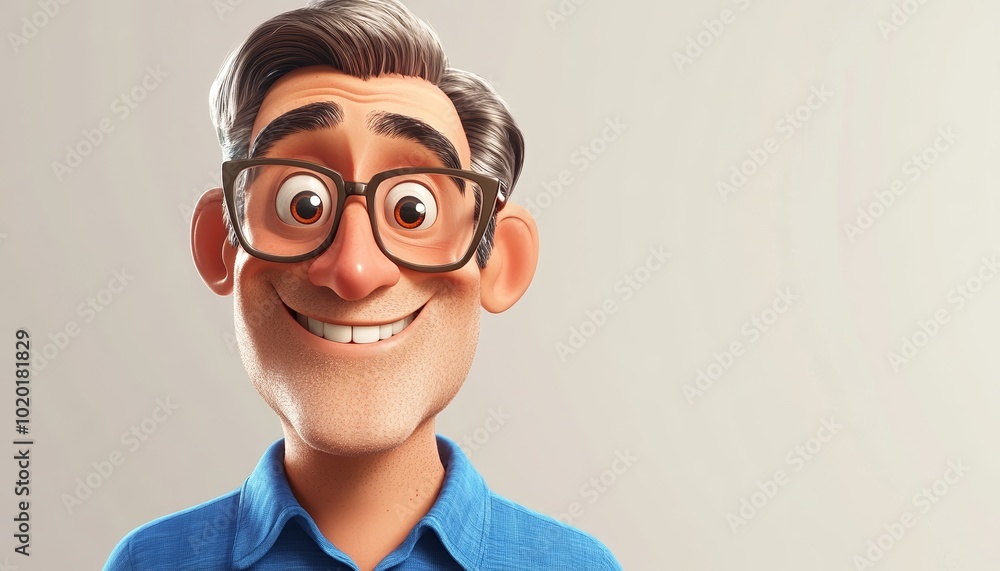 Happy Smiling Cartoon Character with Glasses Blue Shirt Happy Smiling Cartoon Character with Glasses Blue Shirt