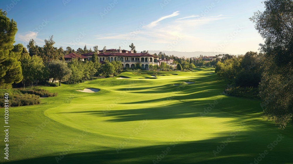 A lush green golf course stretching out before a distant clubhouse, under a warm, clear sky. A lush green golf course stretching out before a distant clubhouse, under a warm, clear sky.
