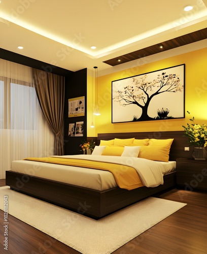 Modern Bedroom Interior Design with Yellow and Brown Accents