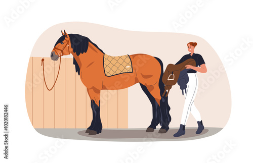 Saddling horse for riding. Female rider preparing stallion, fastening gear in...