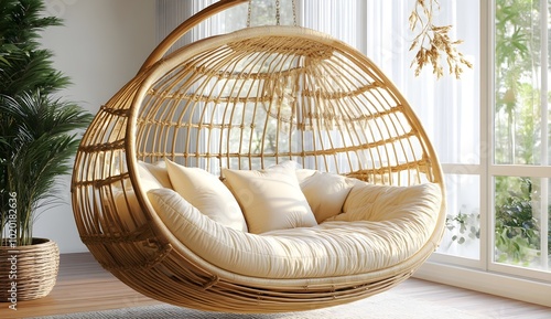 Modern Woven Hanging Chair with Cushions in a Cozy Room