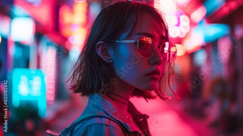 Edgy Woman in Neon-Soaked Streets at Night – Vibrant Urban Scene with Reflective Sunglasses