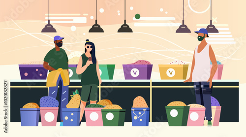 People shopping at bulk food store healthy lifestyle concept colorful containers modern background