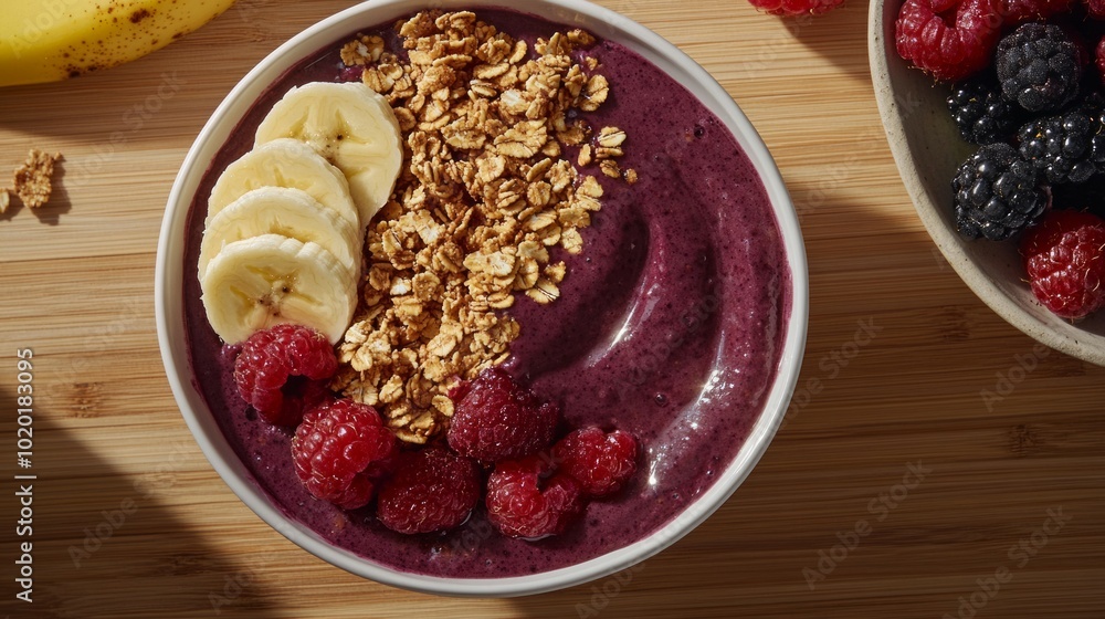 a bowl topped with granola, fresh berries, banana slices, and a drizzle of honey. a bowl topped with granola, fresh berries, banana slices, and a drizzle of honey.