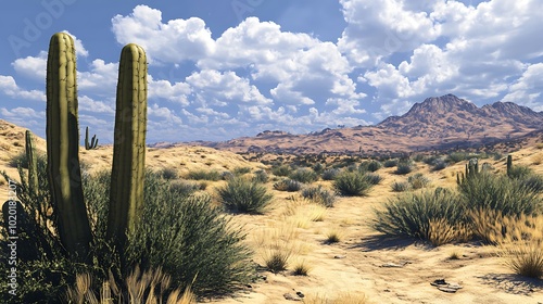 A serene desert landscape featuring cacti, mountains, and a dramatic sky.