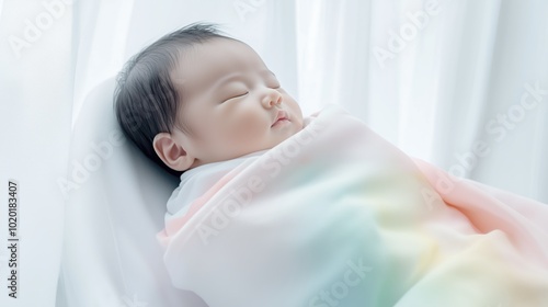 A newborn baby is peacefully sleeping in a maternity ward, wrapped snugly in a soft, colorful blanket, radiating warmth and tranquility in the early morning light photo