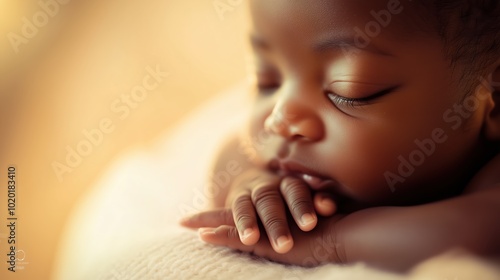 A newborn baby lies asleep in a maternity ward, swaddled softly, with tiny hands clasped together, embodying innocence and tranquility in their early days photo