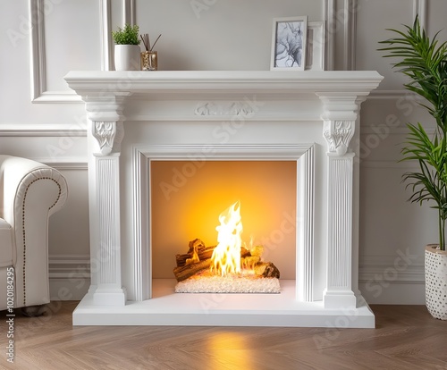 White Fireplace with Burning Fire