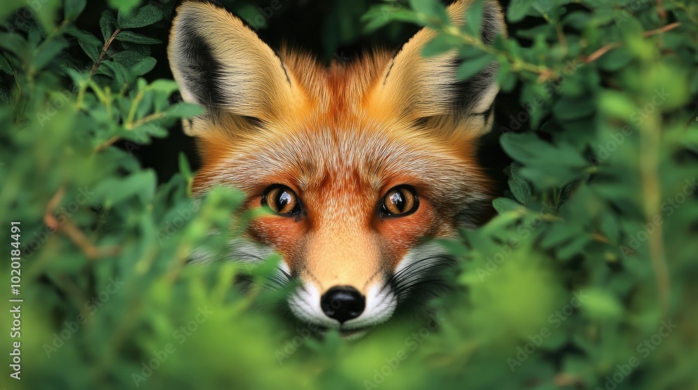 Obraz premium A red fox peeking through dense green foliage, its eyes sharp and alert in the wilderness.