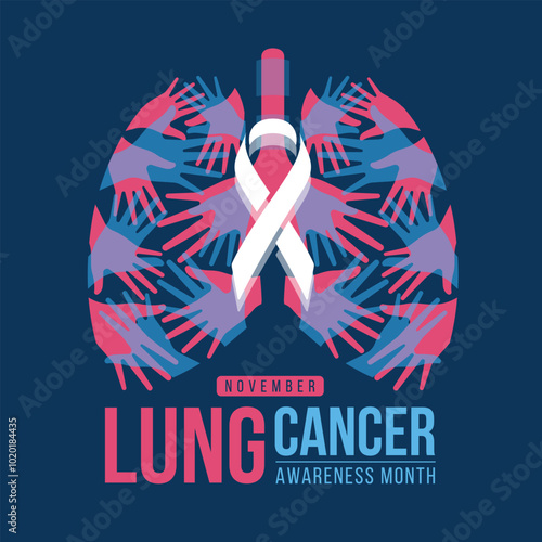 November, lung cancer awareness month - Abstract white ribbon awareness sign on pink blue hands lung shape sign on dark blue background vector design