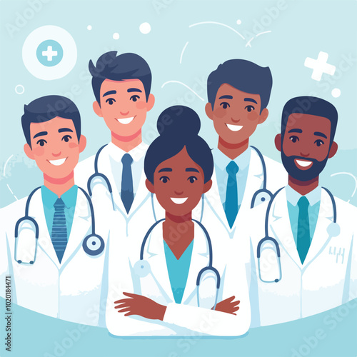 Set of smiling doctors, nurses and paramedics. Portraits of male and female medic workers in uniform with stethoscopes, masks and gloves. Flat cartoon vector illustration isolated on white background