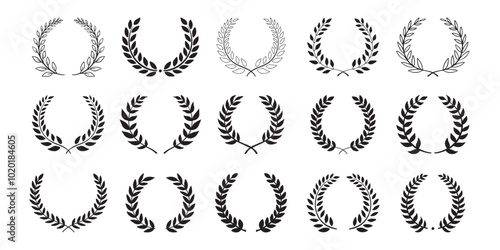 Laurel wreath. Set outline silhouette hand drawn laurel wreaths isolated Doodle floral frames.