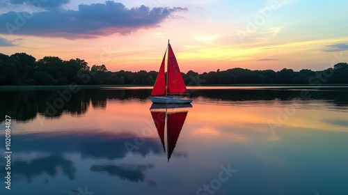 A red sailboat floating peacefully on a calm lake during sunset, casting its reflection on the water.