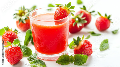 Refreshing strawberry juice served in a glass, surrounded by fresh strawberries and mint, perfect for summer hydration and enjoyment.