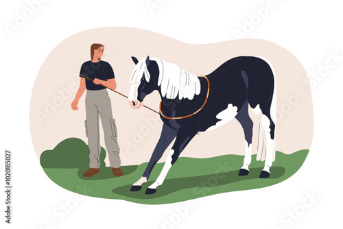 Horse training on lunge line. Bereitor and stallion exercising. Equine animal performing commands. Professional equestrian trainer, education. Flat vector illustration isolated on white background