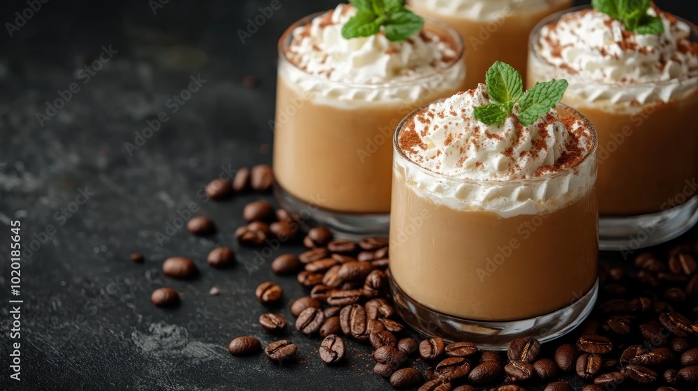 Three glasses of iced coffee with whipped cream and a mint leaf on a dark background with coffee beans. Three glasses of iced coffee with whipped cream and a mint leaf on a dark background with coffee beans.